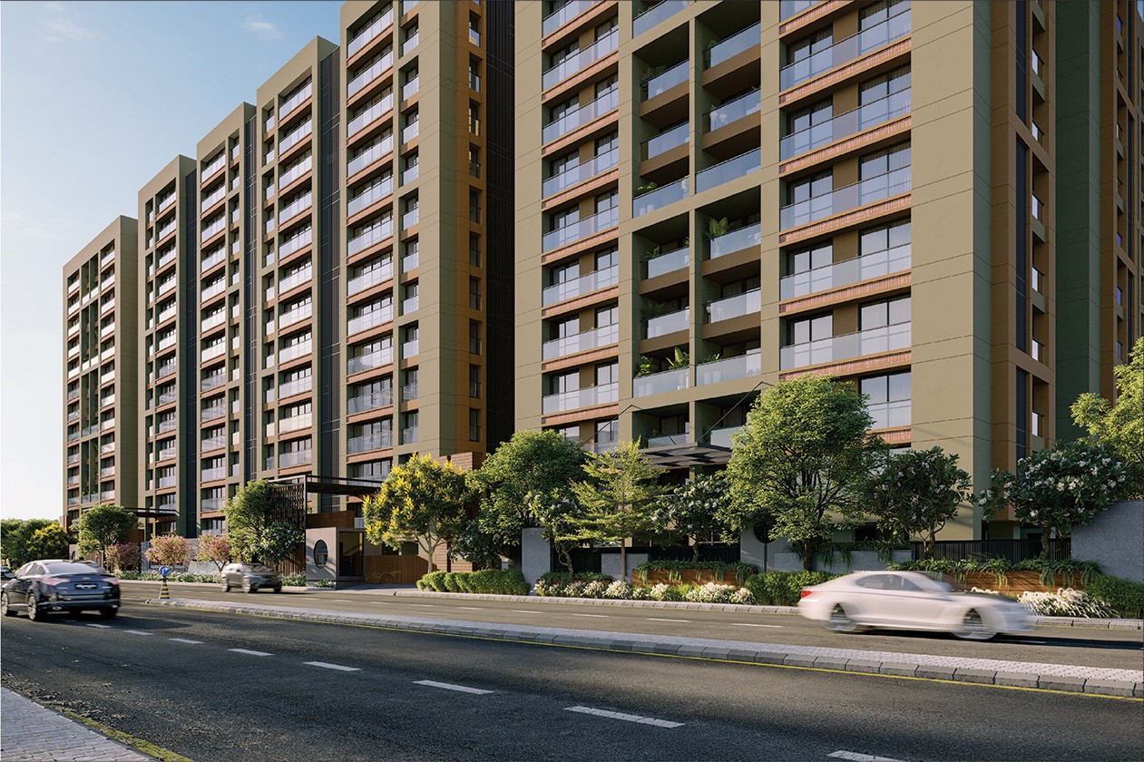 Street-level view of the towers