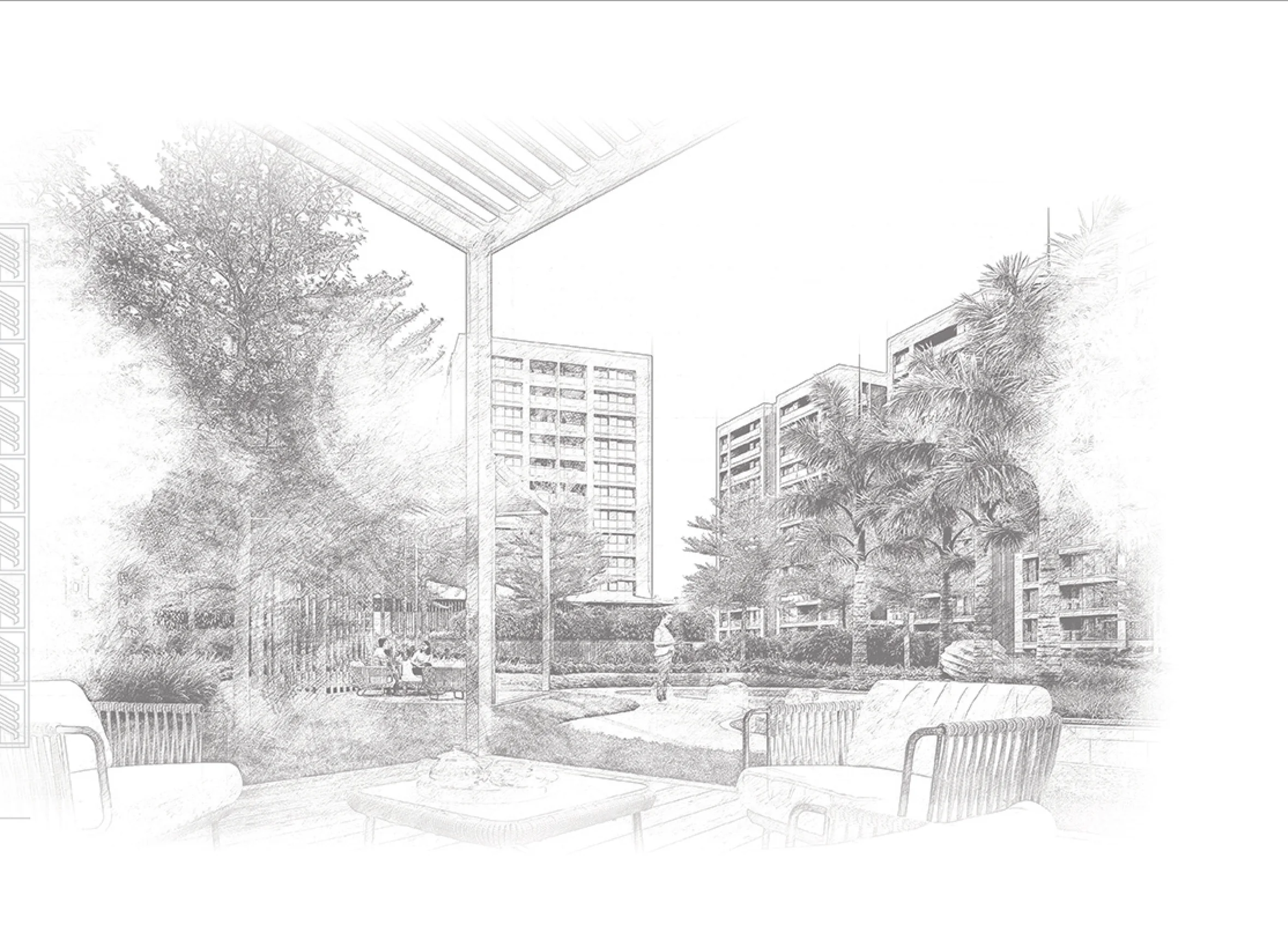 Pencil study of the landscaped podium at Avadh Habitat