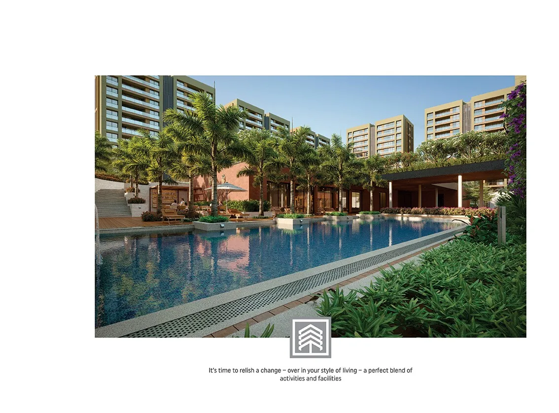 Landscaped pool deck by day