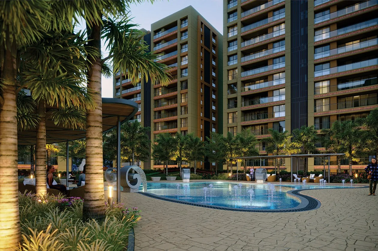 Resort-style swimming pool at night